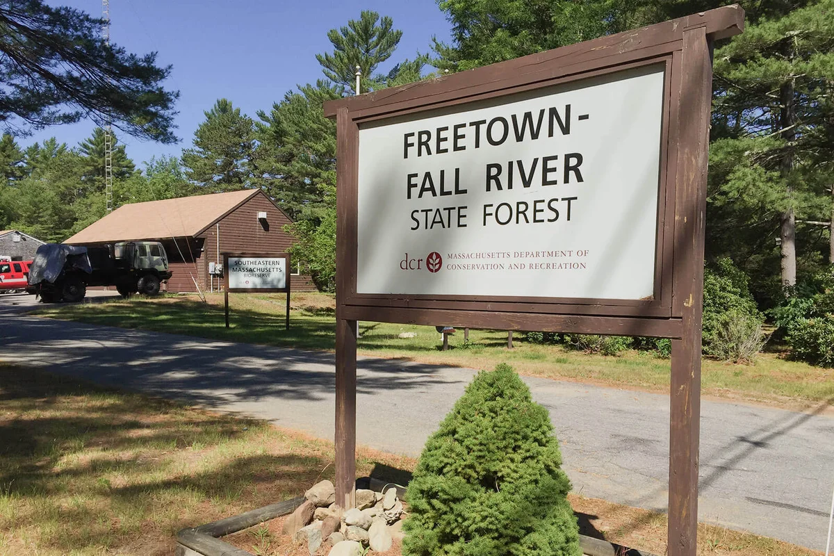 Freetown-Fall River State Forest entry sign
