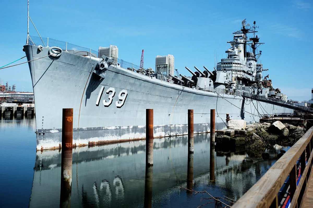 The USS Salem sits docked at the former Fore River Ship Yard in Quincy, MA