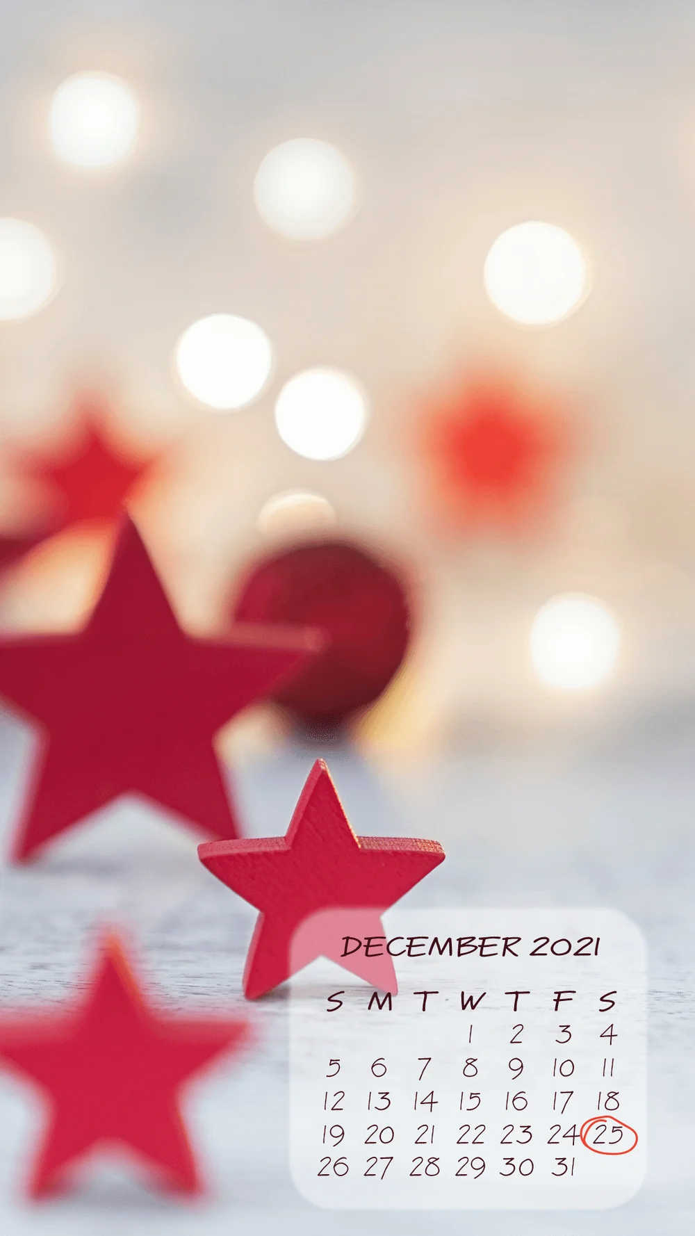 Christmas wallpaper with red stars and red christmas balls with fairy lights - mobile