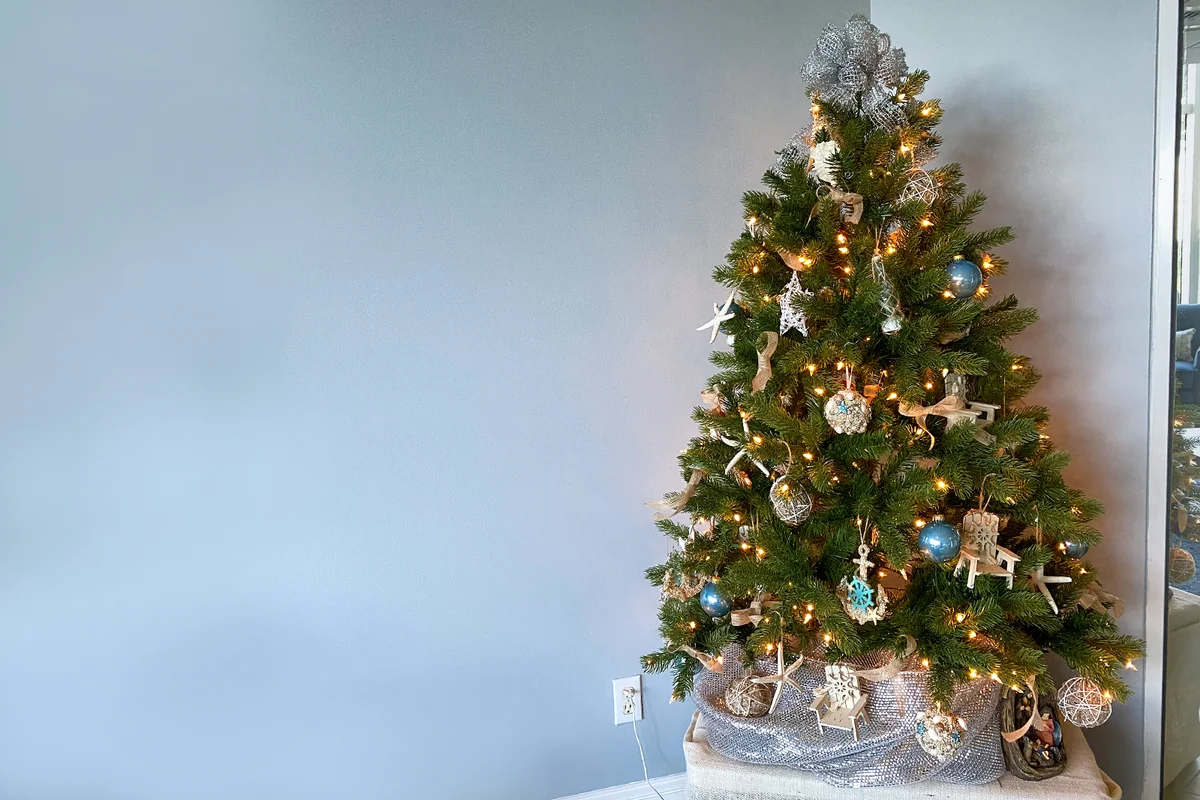A beach themed decorated Christmas tree