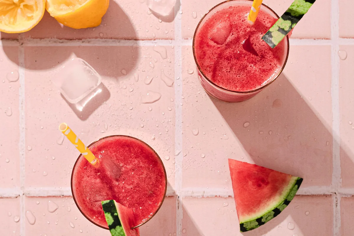Overhead view of glasses with watermelon juice