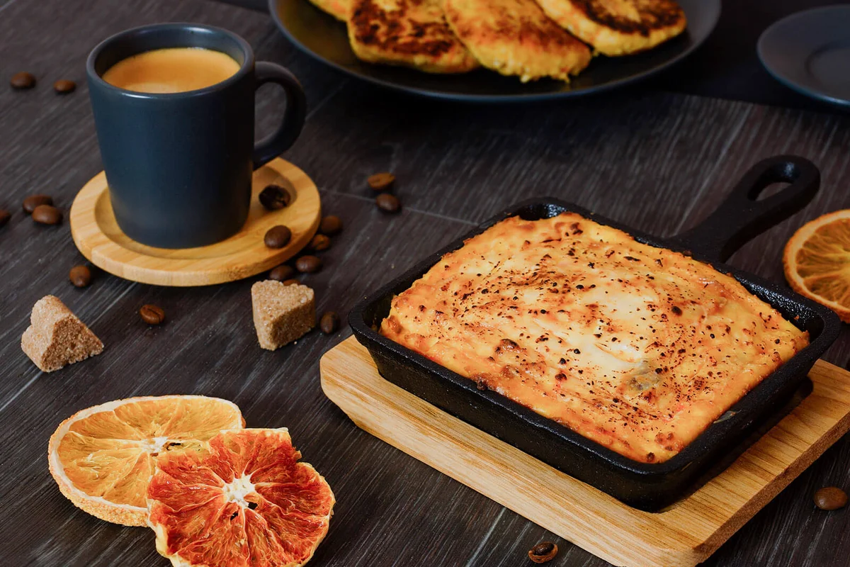 Breakfast with casserole and a cup of coffee