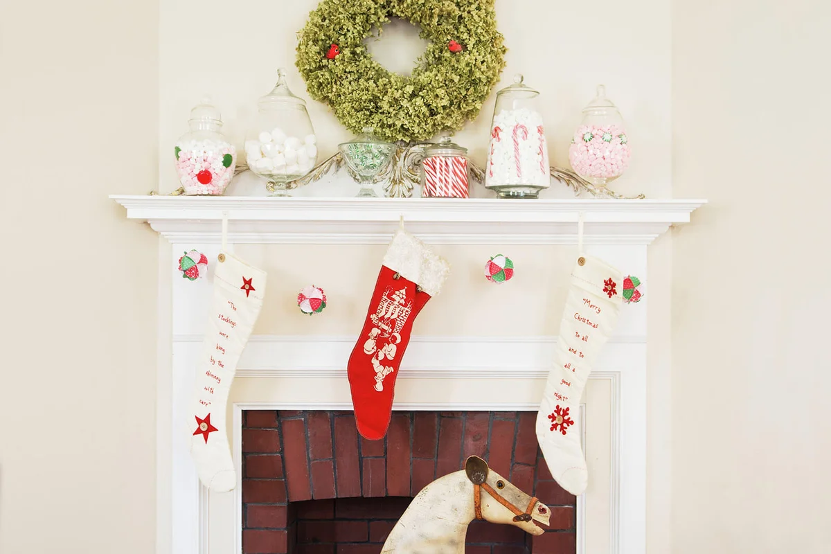 Christmas fireplace display with rocking horse