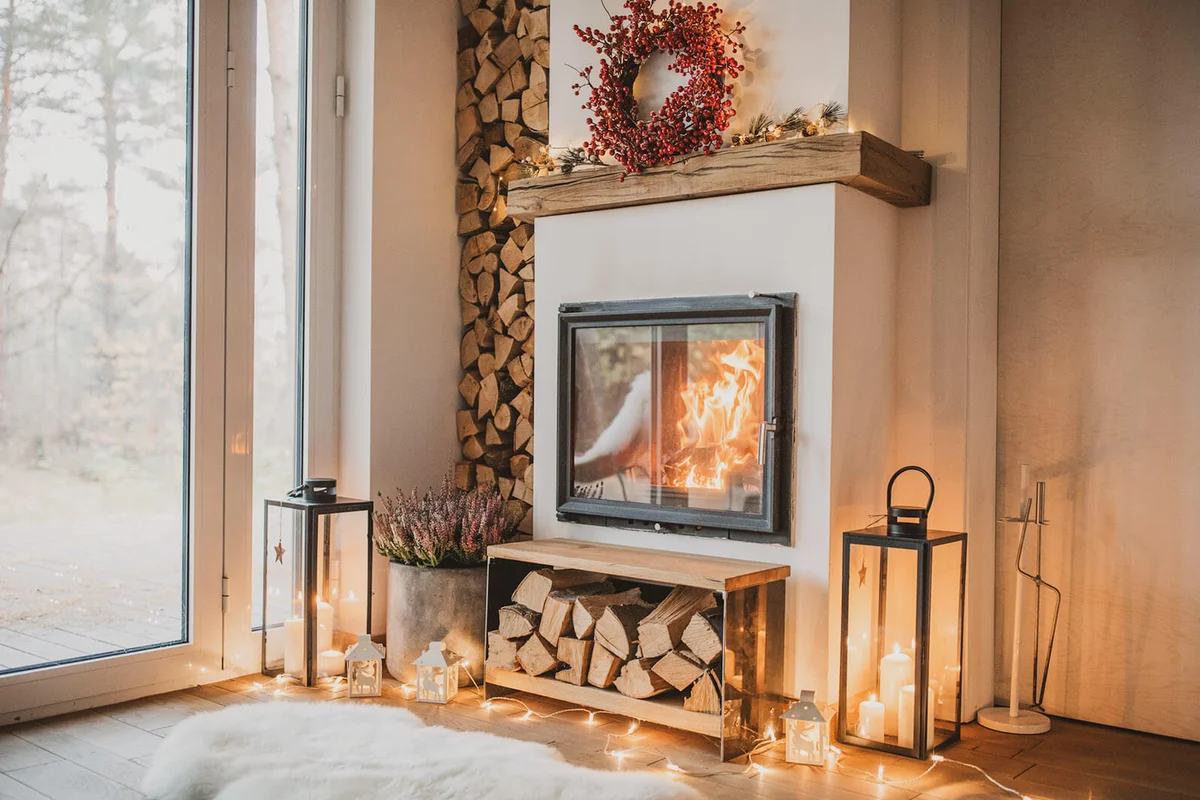 Cozy living room winter interior with fireplace