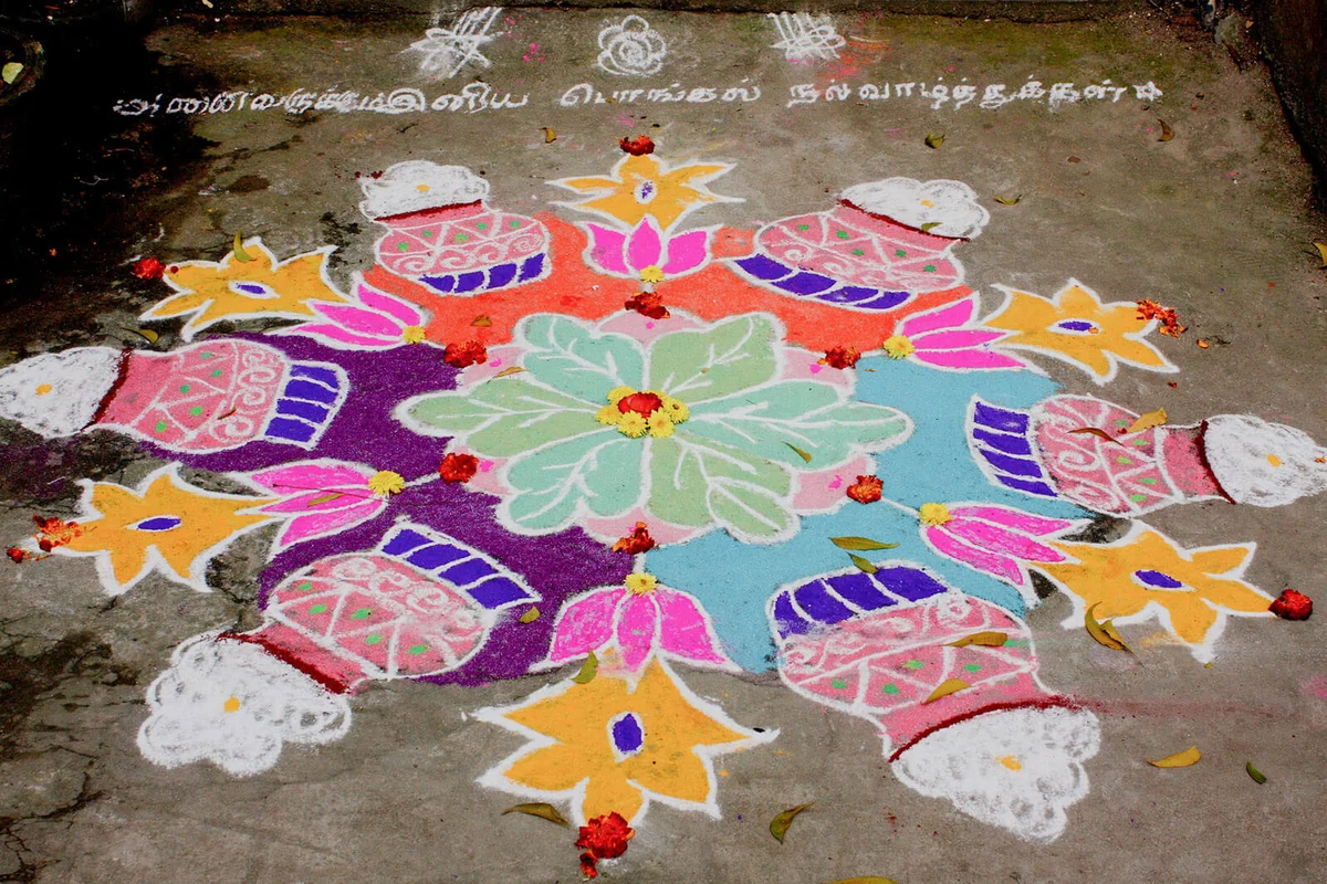The Kolam (designs created using rice powder) created for the festival of Pongal