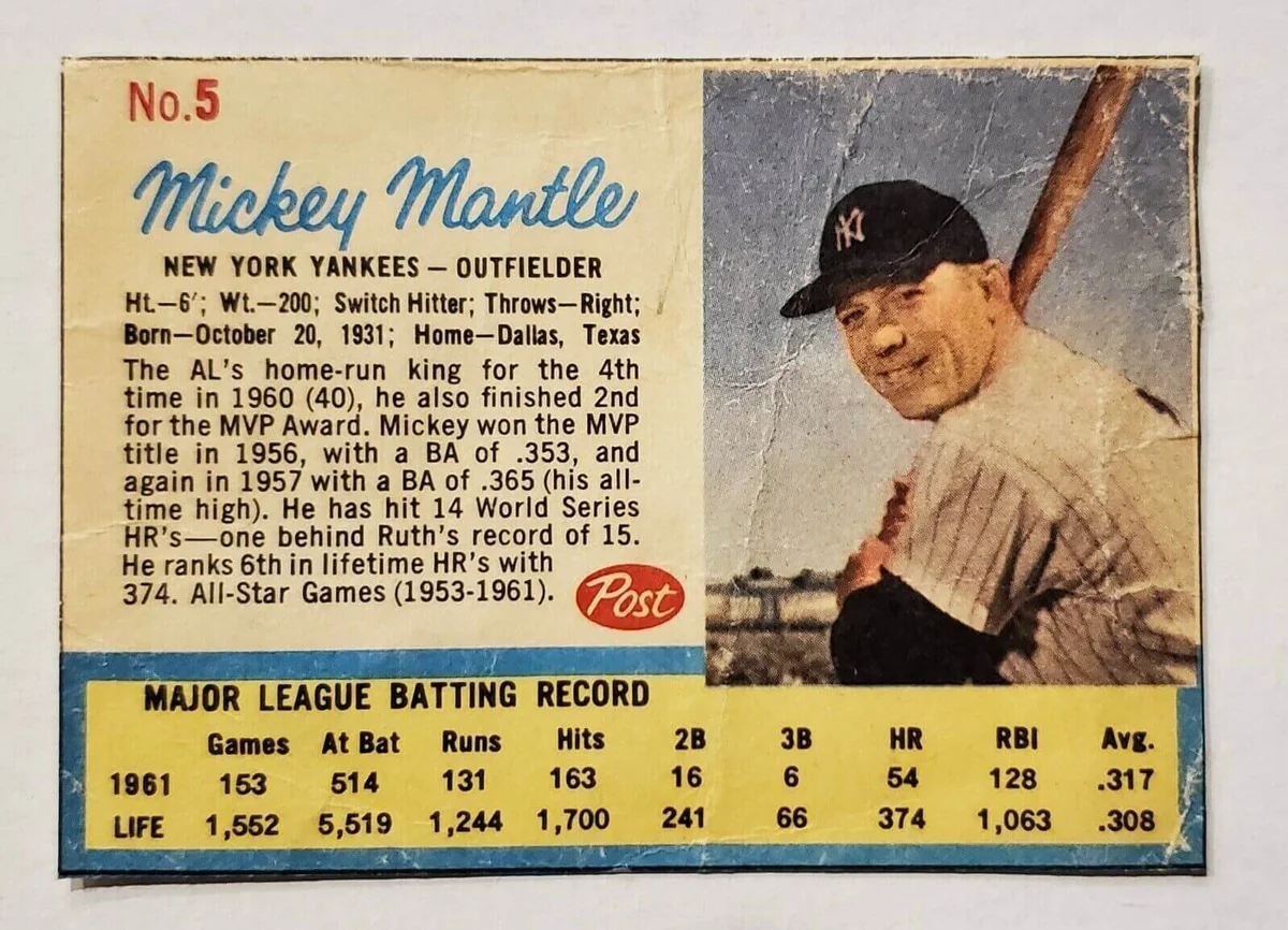 MICKEY MANTLE 1962 Post Cereal Card #5 New York Yankees Baseball Card