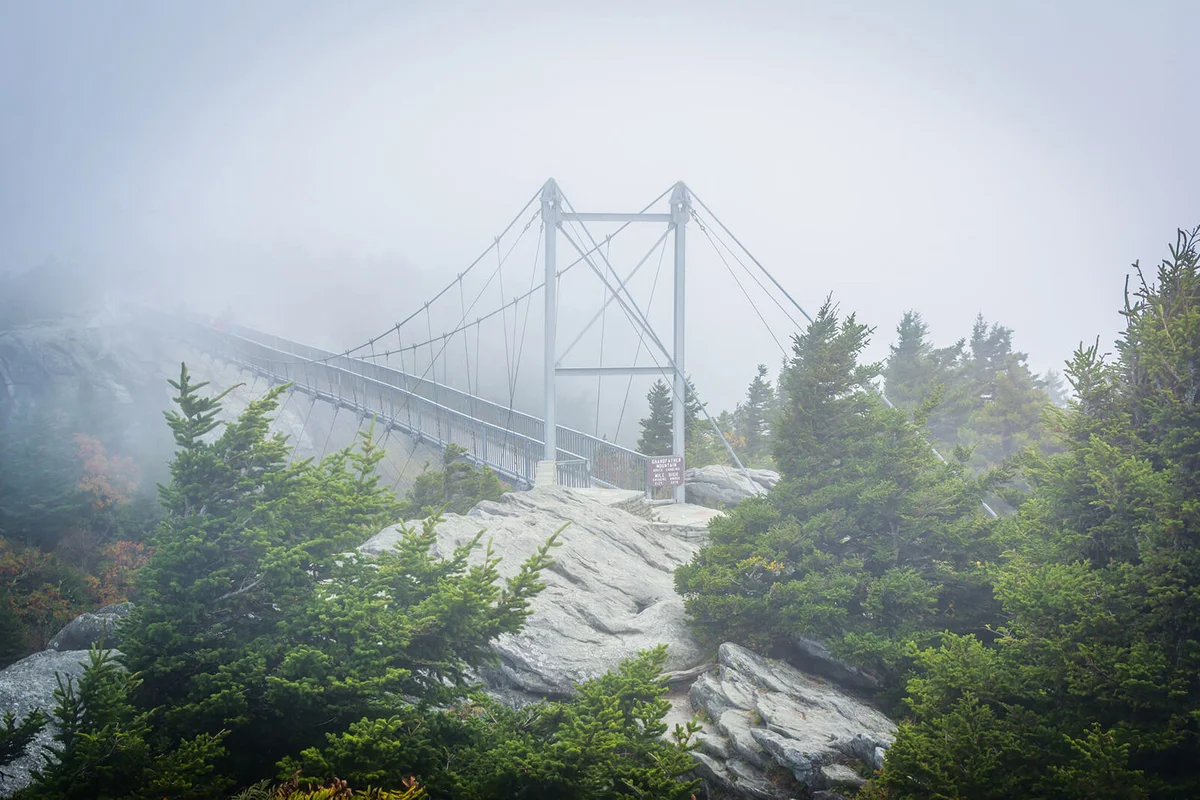 The Mile High Swinging Bridge in fog, at Grandfather Mountain, North Carolina