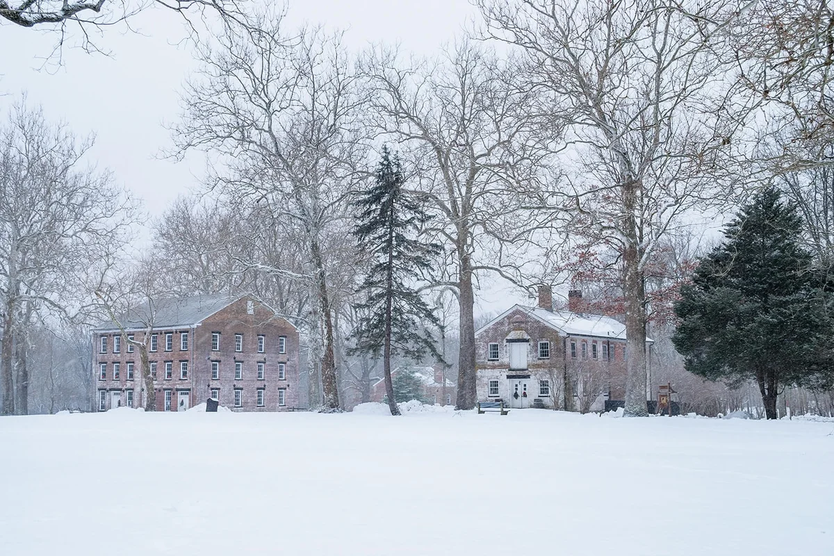 Historic Allaire Village in New Jersey after a fresh snowfall
