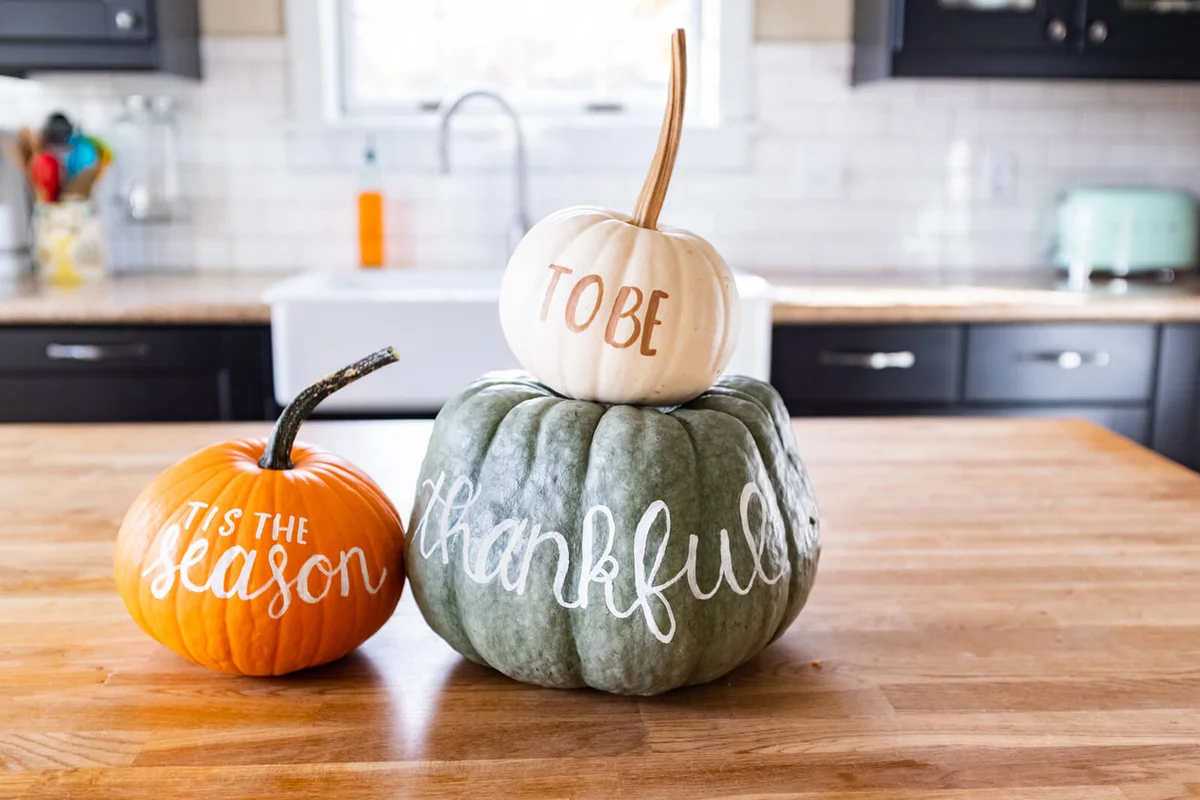 Colorful pumpkins decorated with handwritten words “‘tis the season to be thankful.”