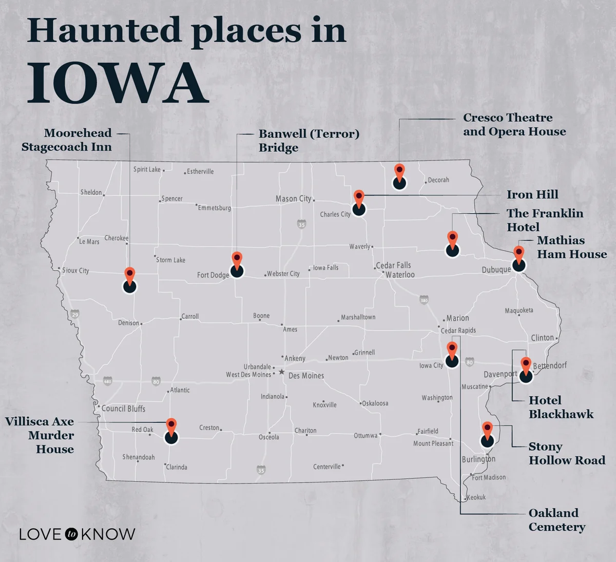 Map of Haunted Places to Visit in Iowa
