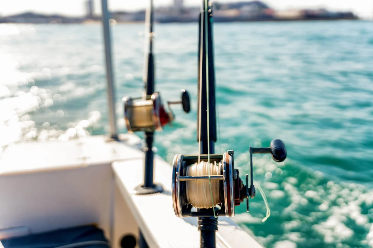 Ocean Fishing Reels on a Boat in the Ocean Ready to Catch Large Ocean Fish