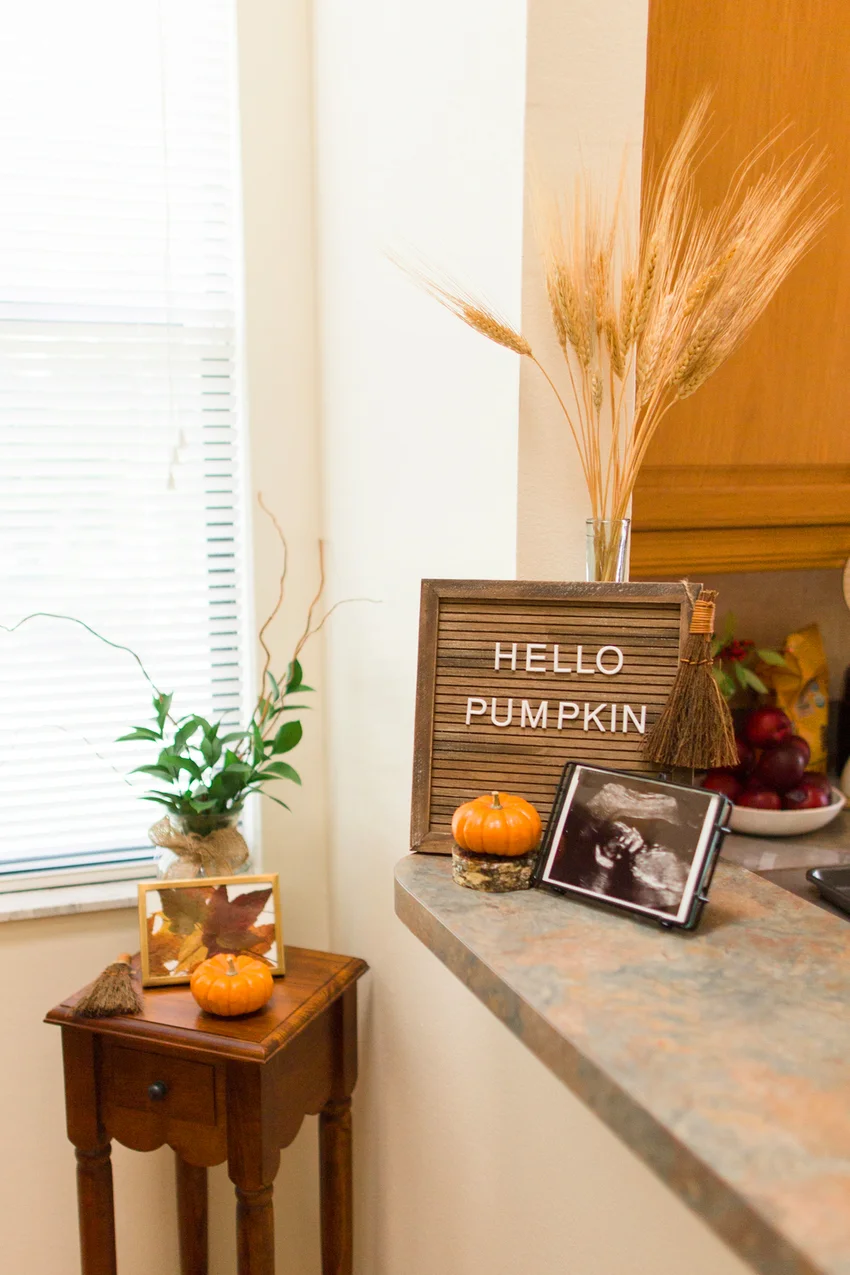 Pumpkin sits next to a framed sonogram photos of the awaited "little pumpkin"