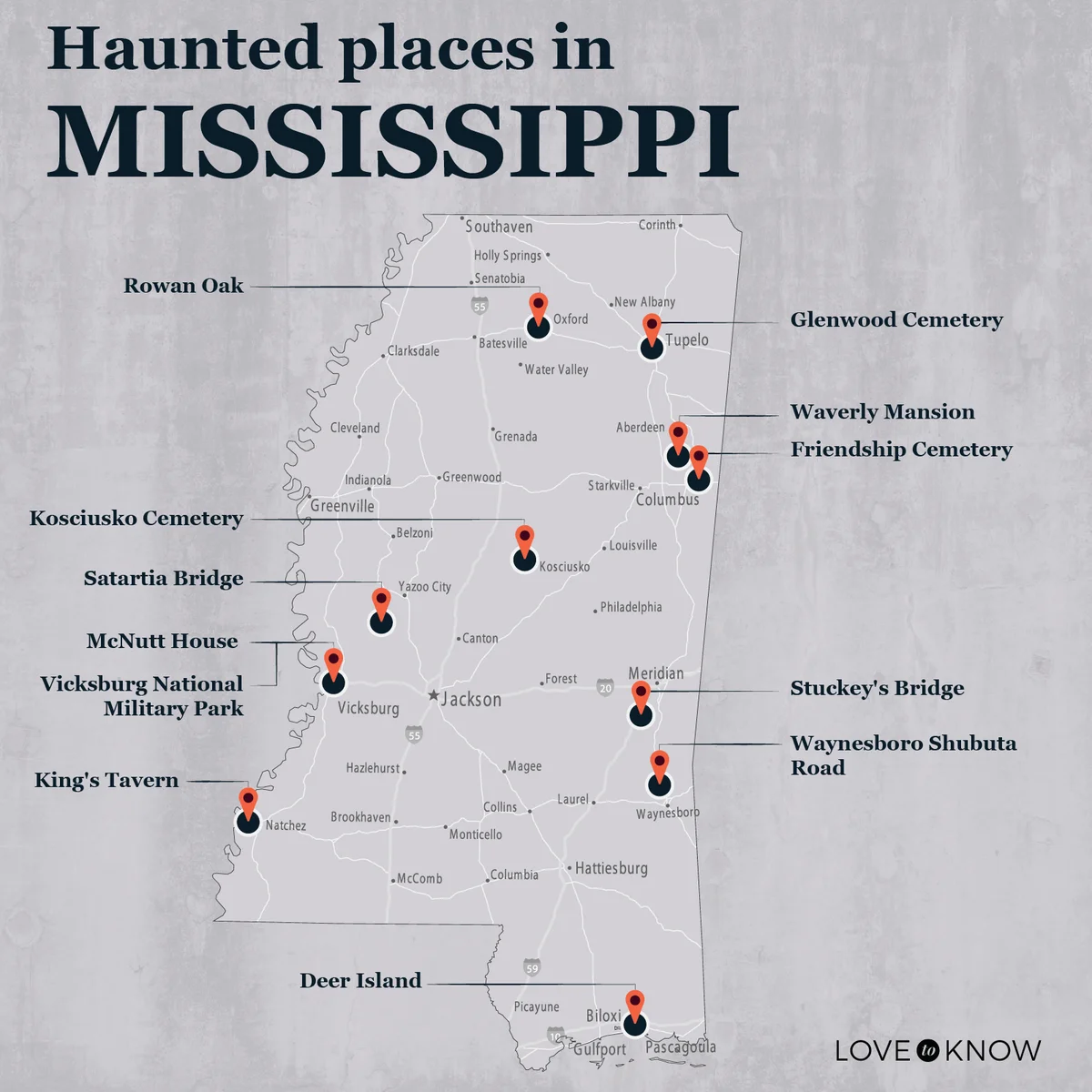 Map of Haunted Places in Mississippi