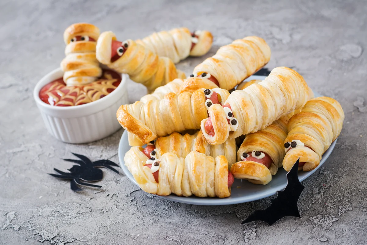 Scary sausage mummies in dough