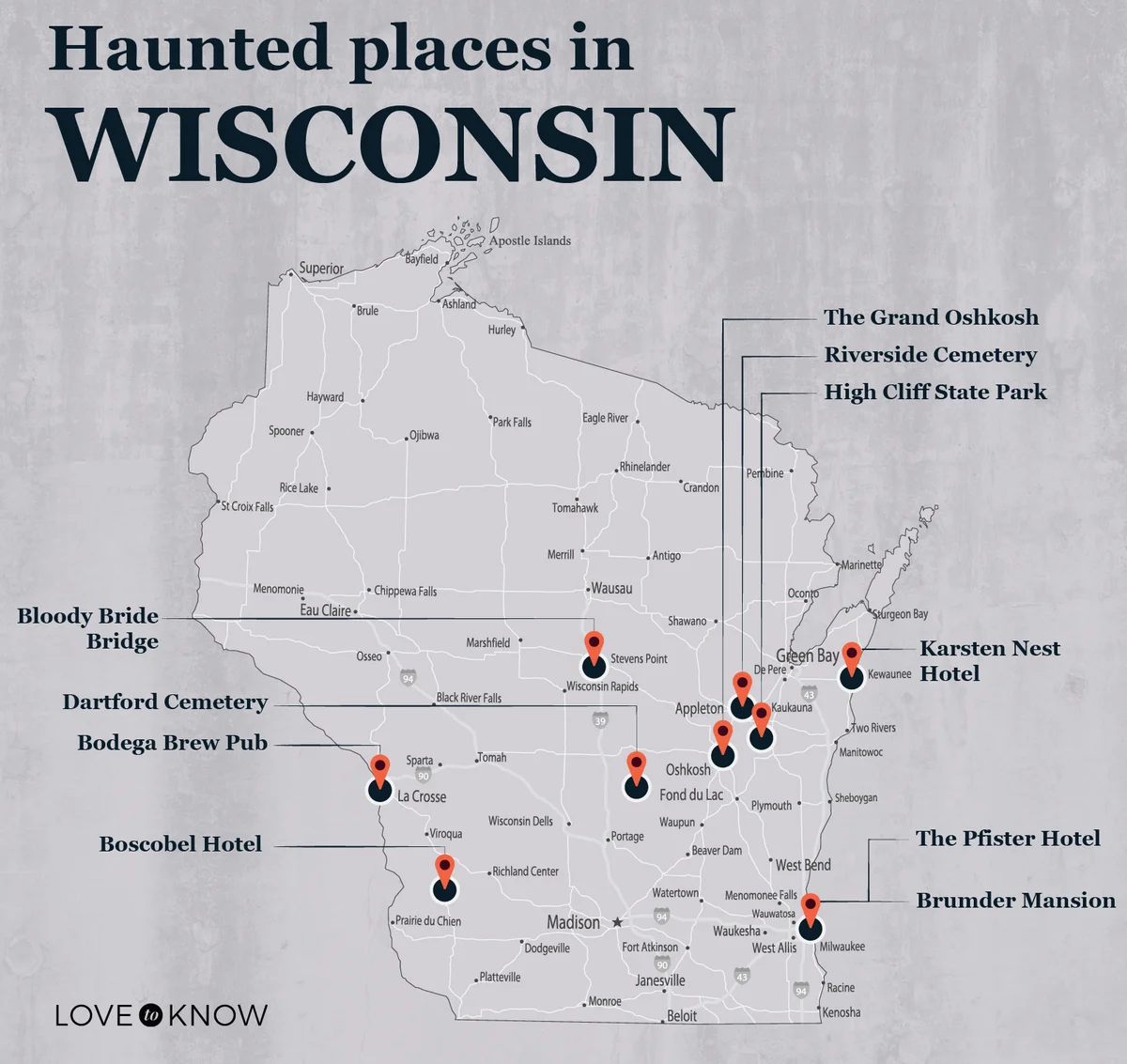 Map of Haunted Places in Wisconsin