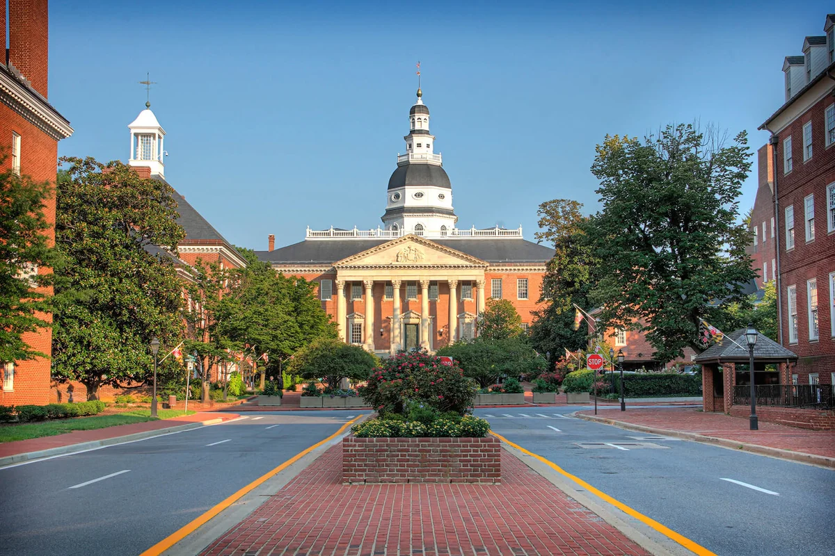 Maryland State House With Dome and Government Buildings in Downtown Historic Annapolis
