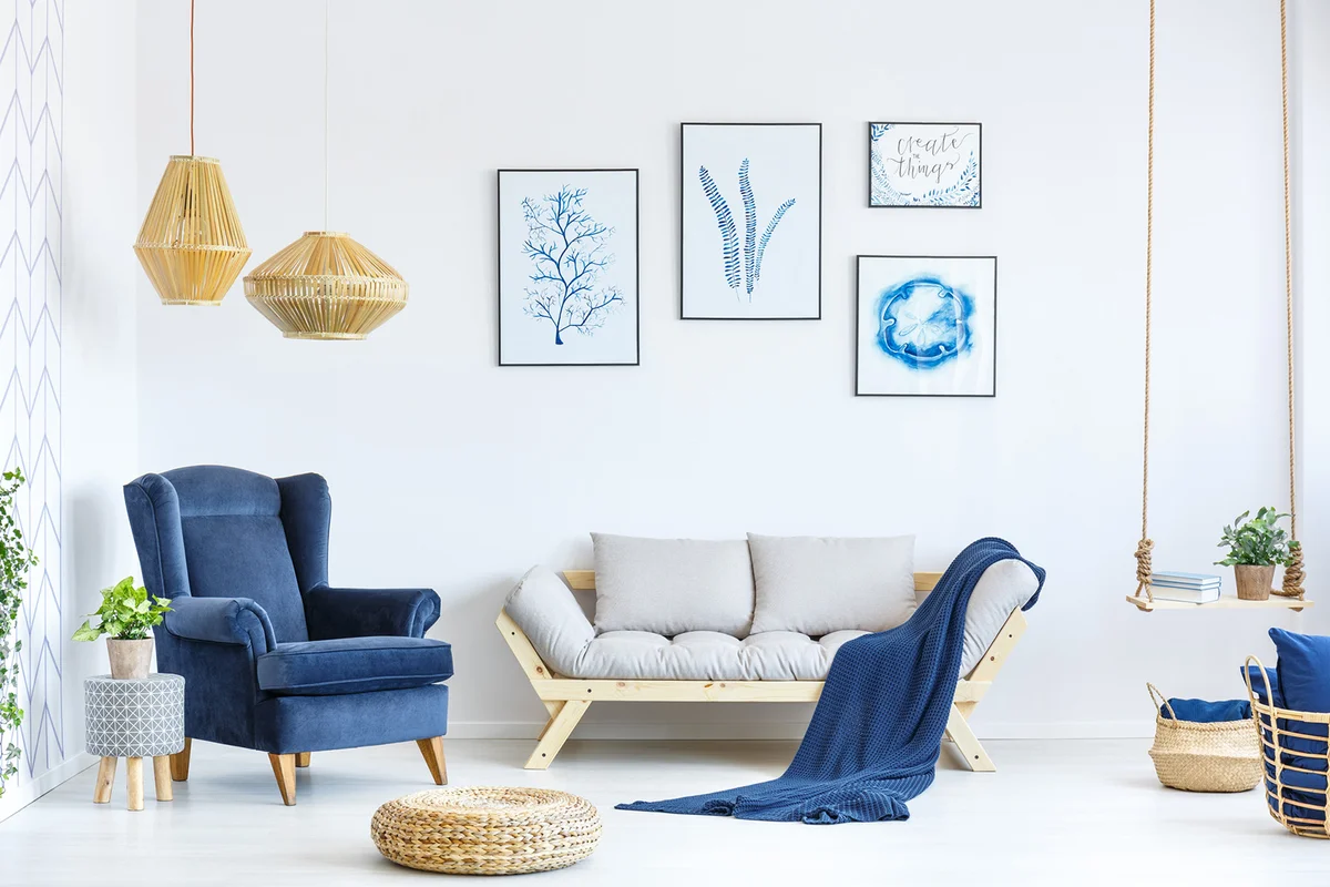 White and blue living room