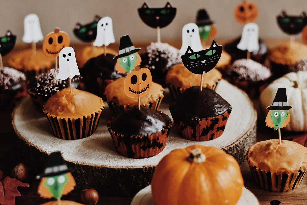 Close-Up Of Halloween Cupcakes On Table