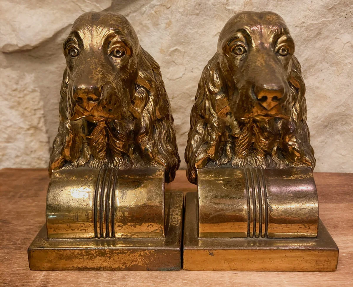 Vintage Brass Jennings Brothers Dog Bookends Circa 1950s, Springer Spaniel Dog