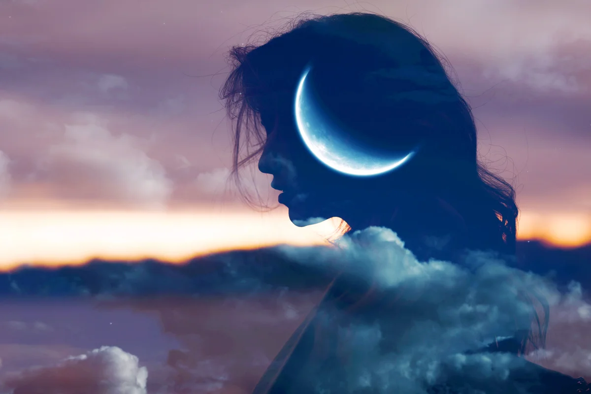 Woman profile silhouette portrait with moon in her head