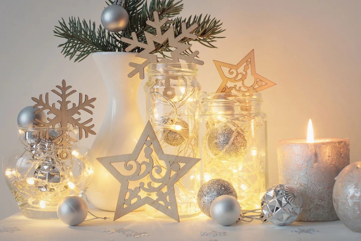 Christmas tablescape with white fairy lights in glass jar