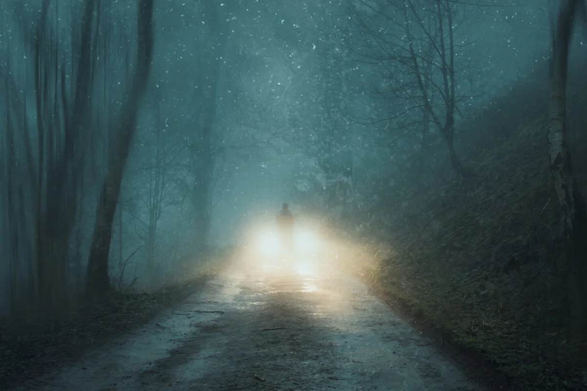 A moody figure, Standing in front of car headlights in a forest