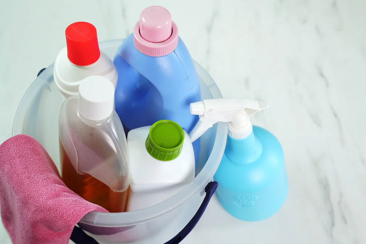 House cleaning supplies, Spray bottle and cleaning liquid