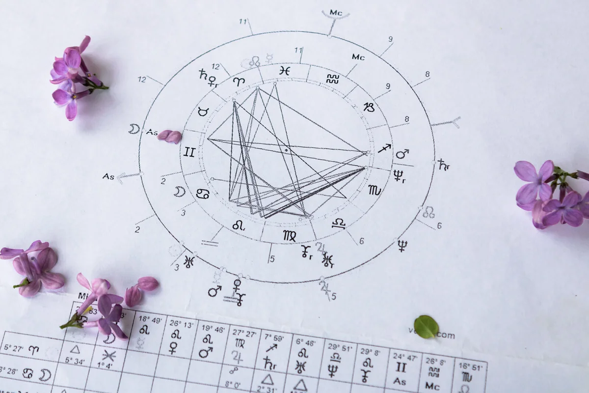 Printed astrology chart with tiny lilac flowers