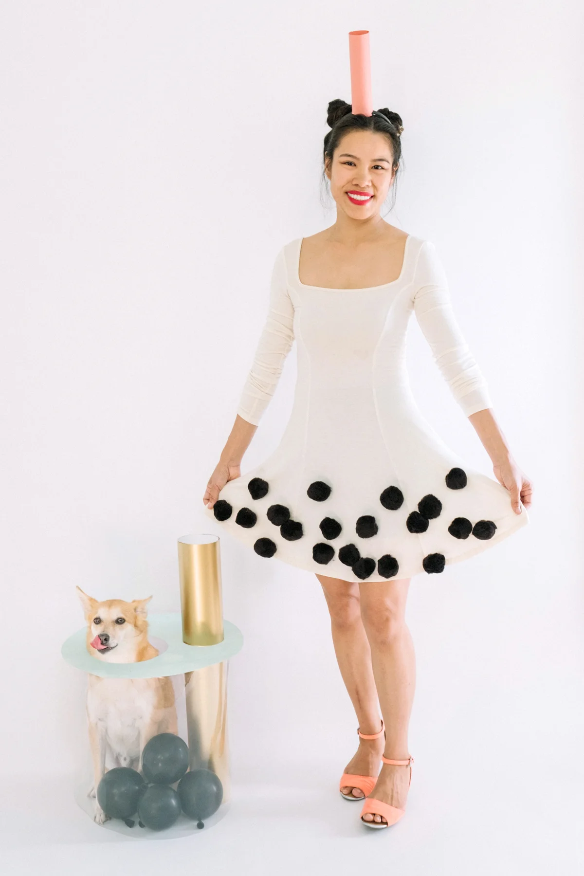 Matching DIY Boba Tea costume with dog