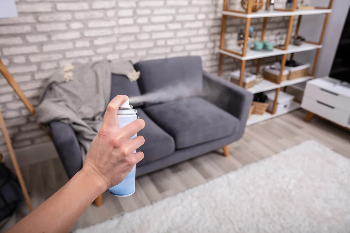 Hand Spraying Air Freshener In Living Room