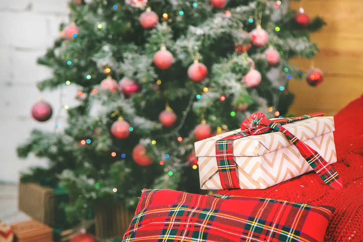 Christmas tree and presents with plaid pillow