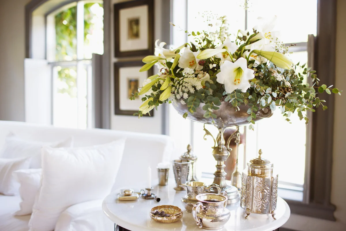 Bouquet and Antique Silver on Living Room Table