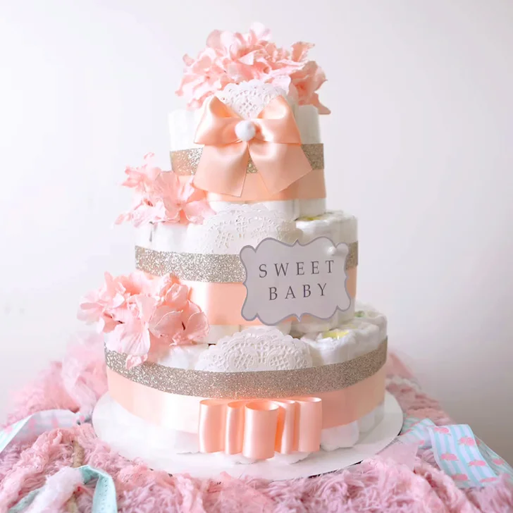 Gold & Blush Pink Diaper Cake for baby girl