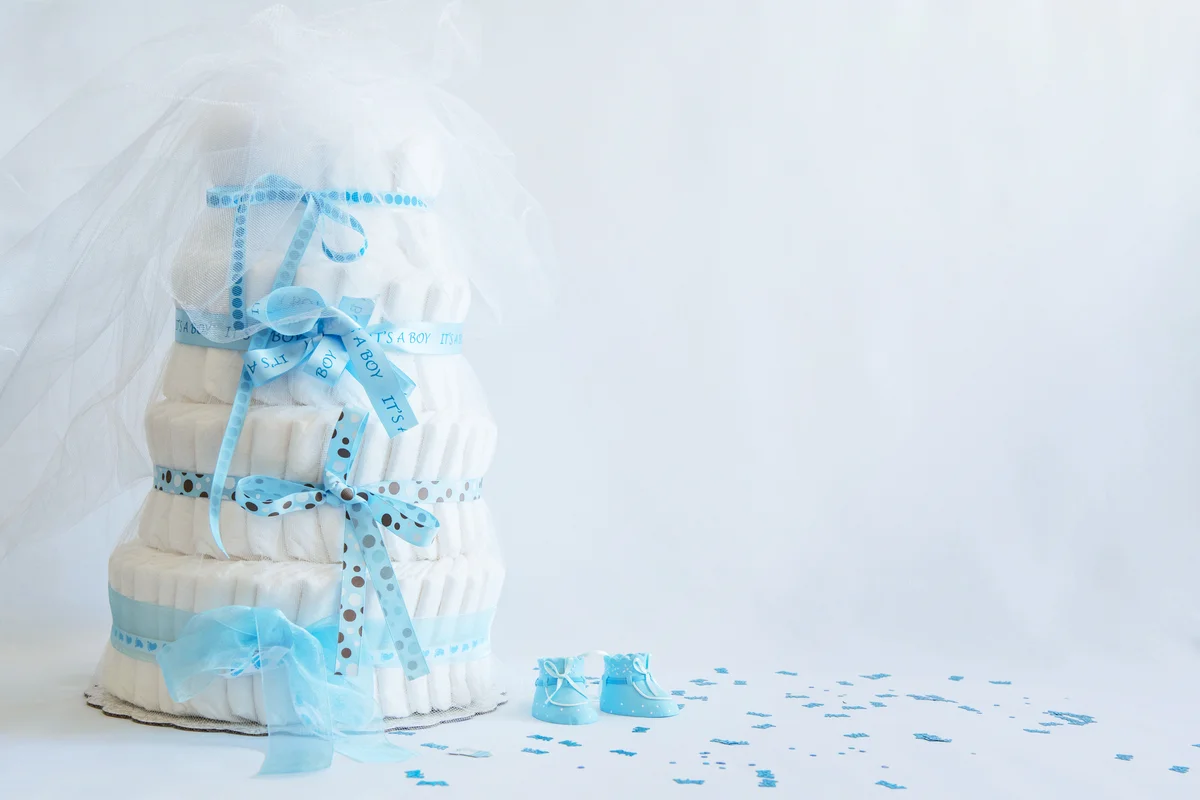 Diaper Cake and baby boy shoes for a baby shower