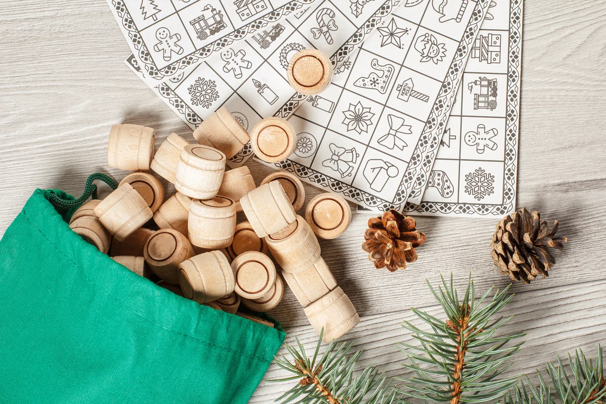 Wooden lotto barrels with bag and bingo cards