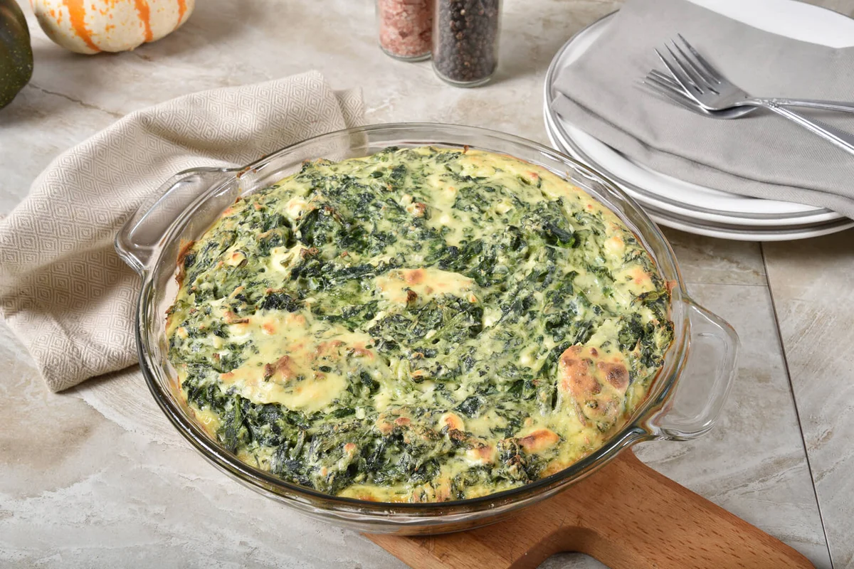 Crustless spinach and cheese quiche in baking dish