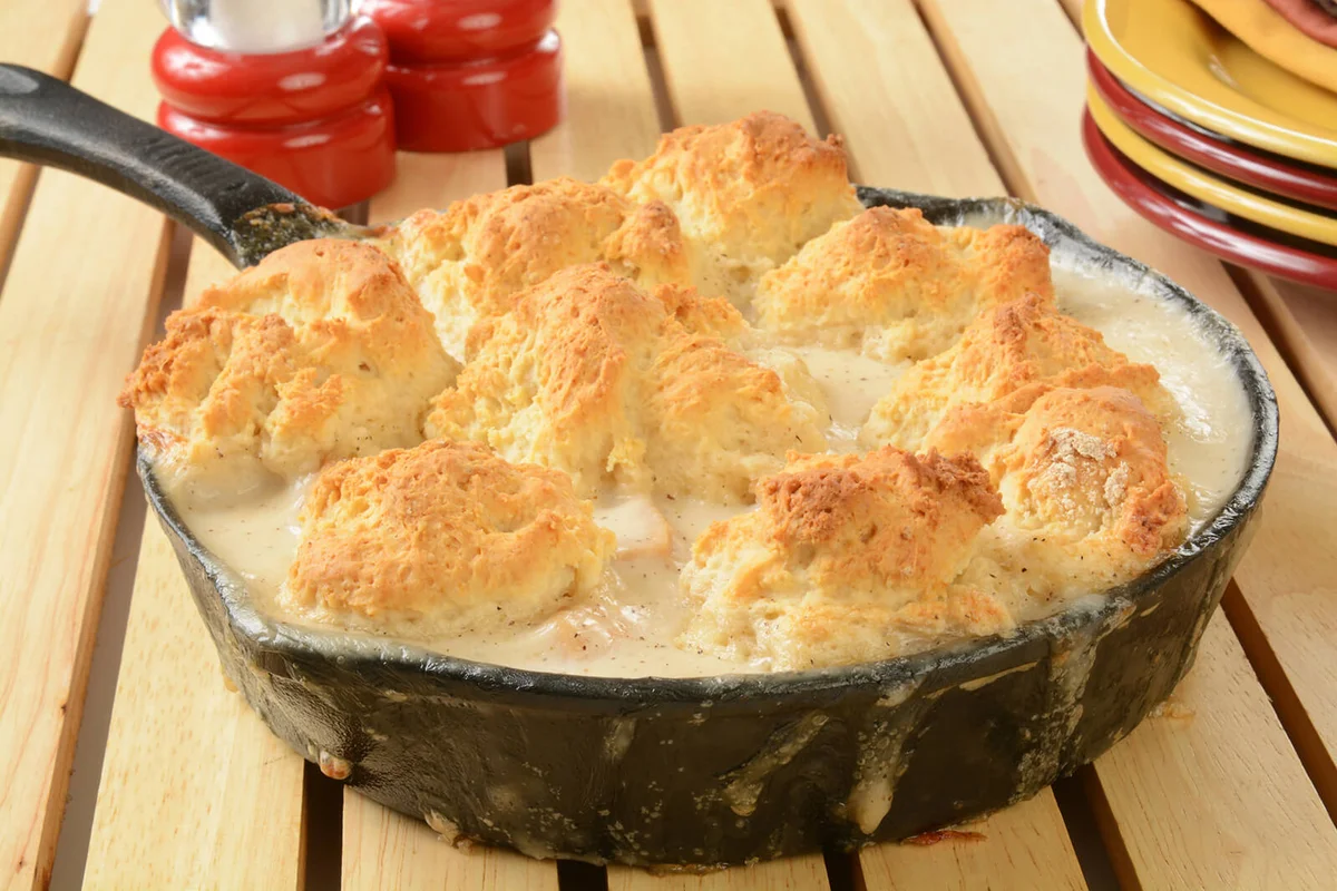 Home baked chicken pot pie with a biscuit crust