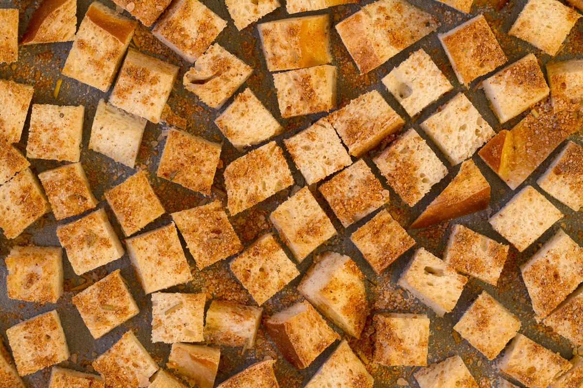 Croutons on a baking sheet