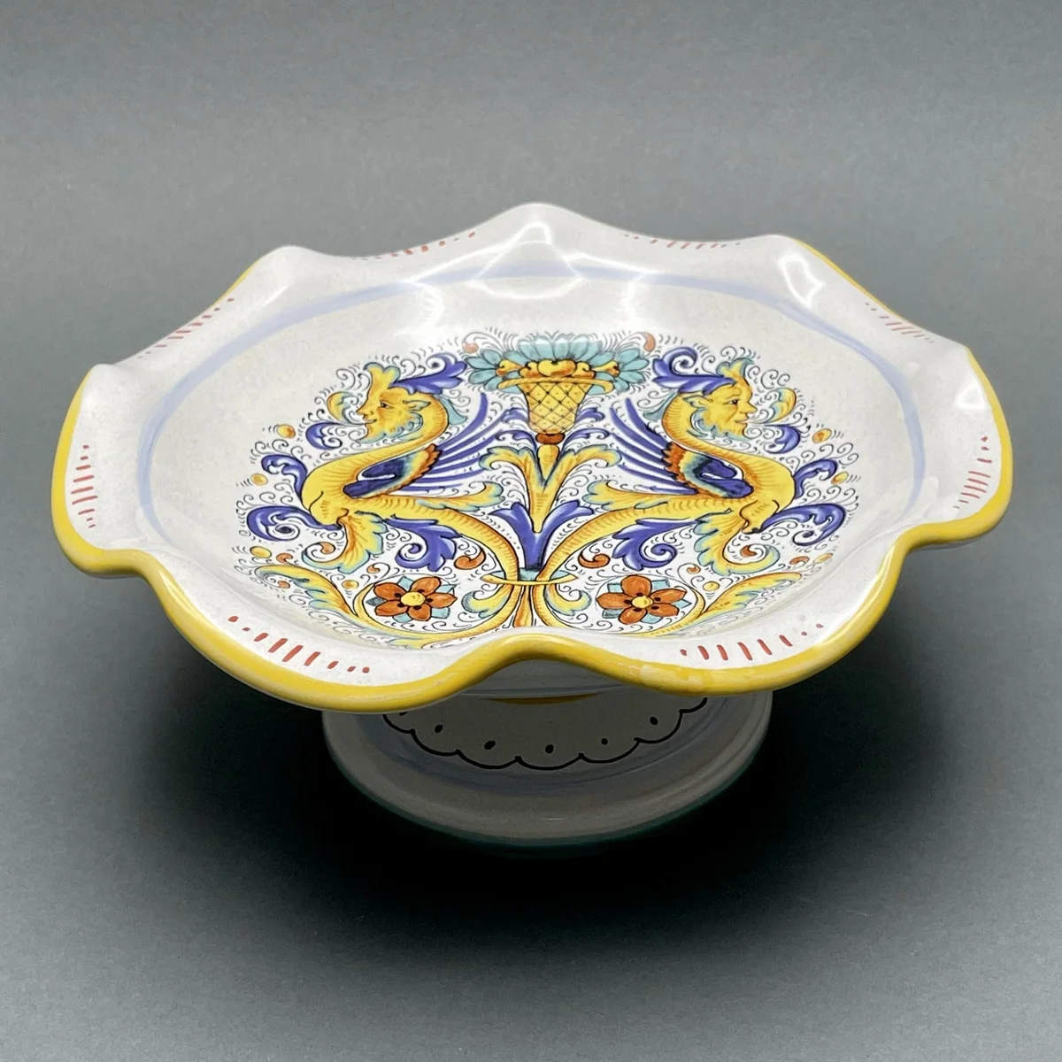 Vintage Deruta Ceramiche Raffaellesco Dragons Footed Pedestal Compote Dish. Made in Italy.