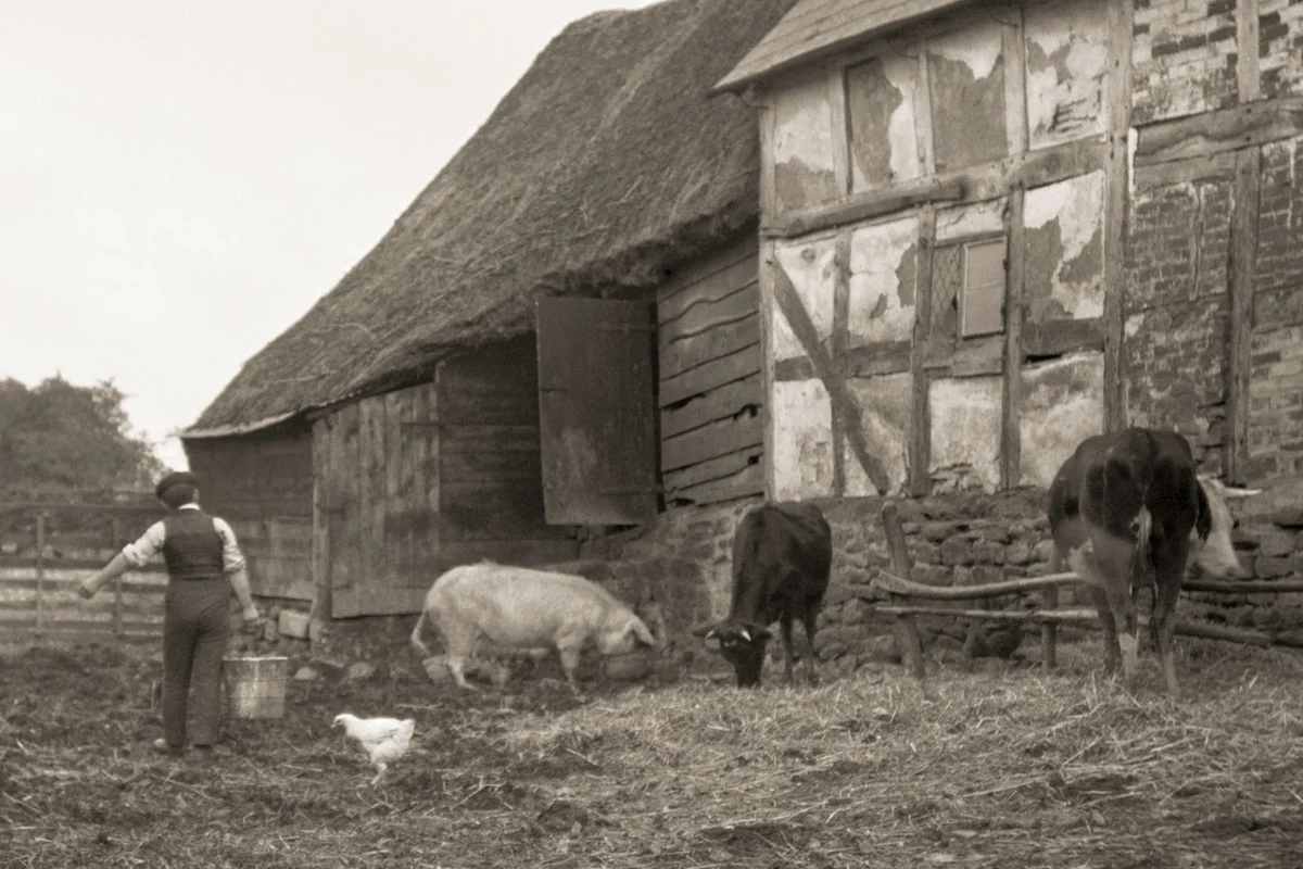 man doing chores on the farm 1920s