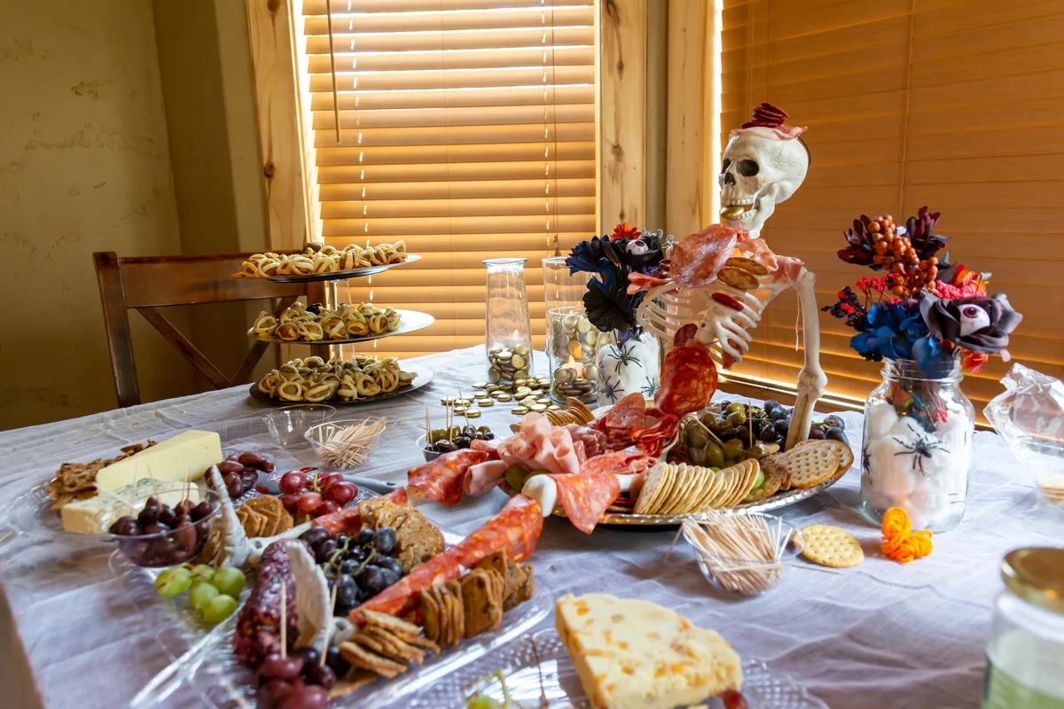 skeleton inspired halloween buffet table