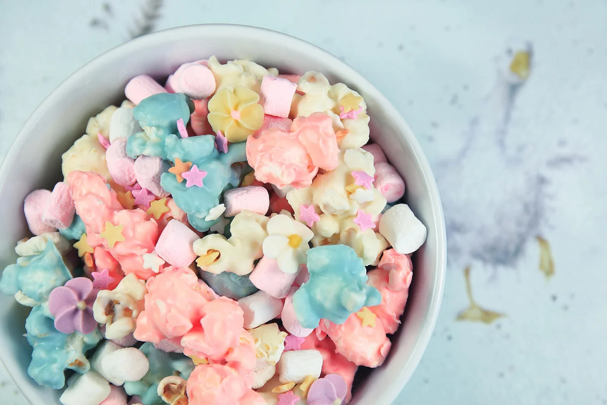 A bowl of Unicorn popcorn photographed from above