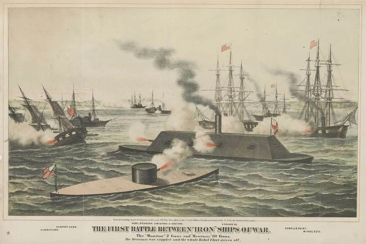 Print shows the Monitor and the Merrimack firing at each other during battle, with other battleships in the background, one sinking on the left.