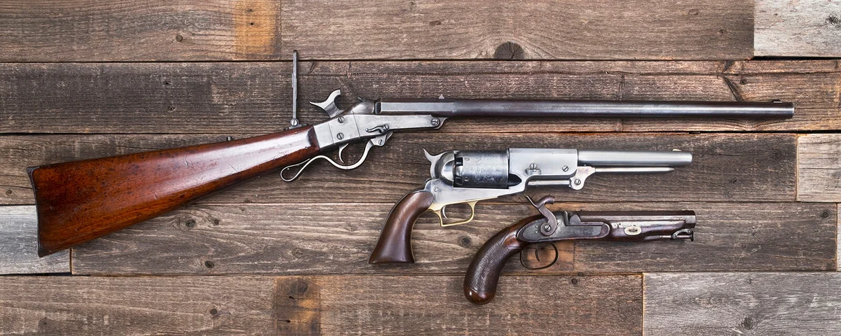 Antique American Civil War era rifle and pistols made from 1840-1863