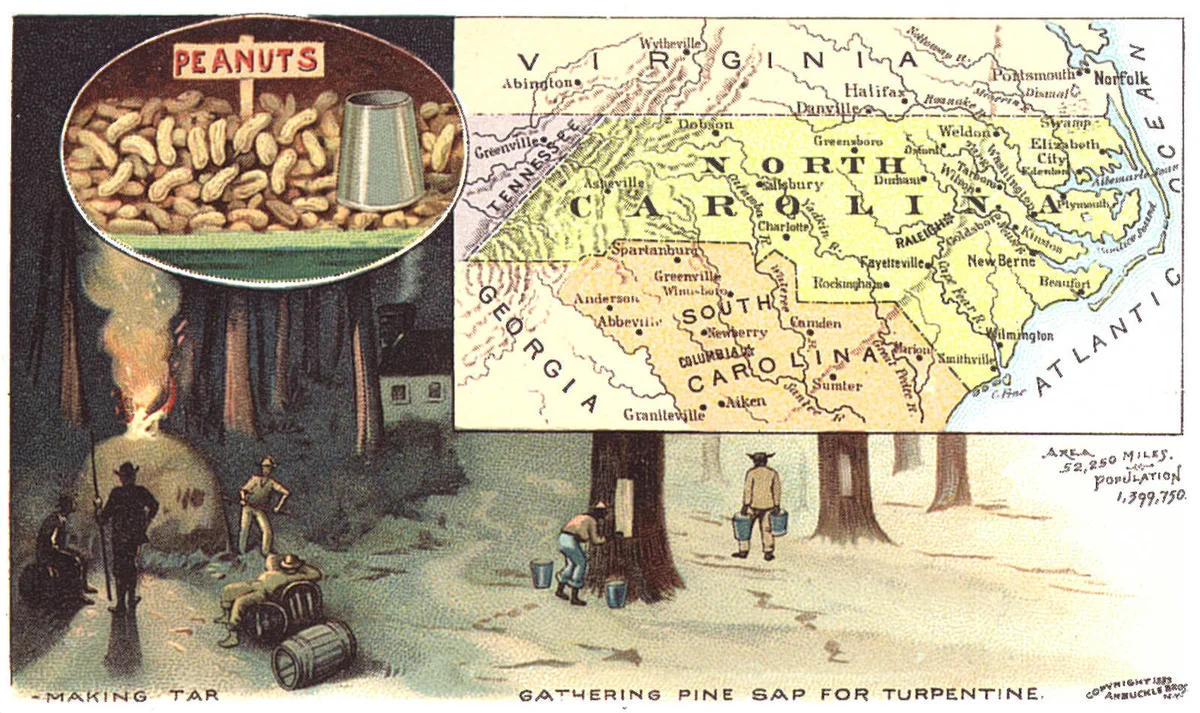 Color lithographic trade card published by Donaldson Brothers for Arbuckle Coffee depicting a map of North Carolina | Getty Editorial Use