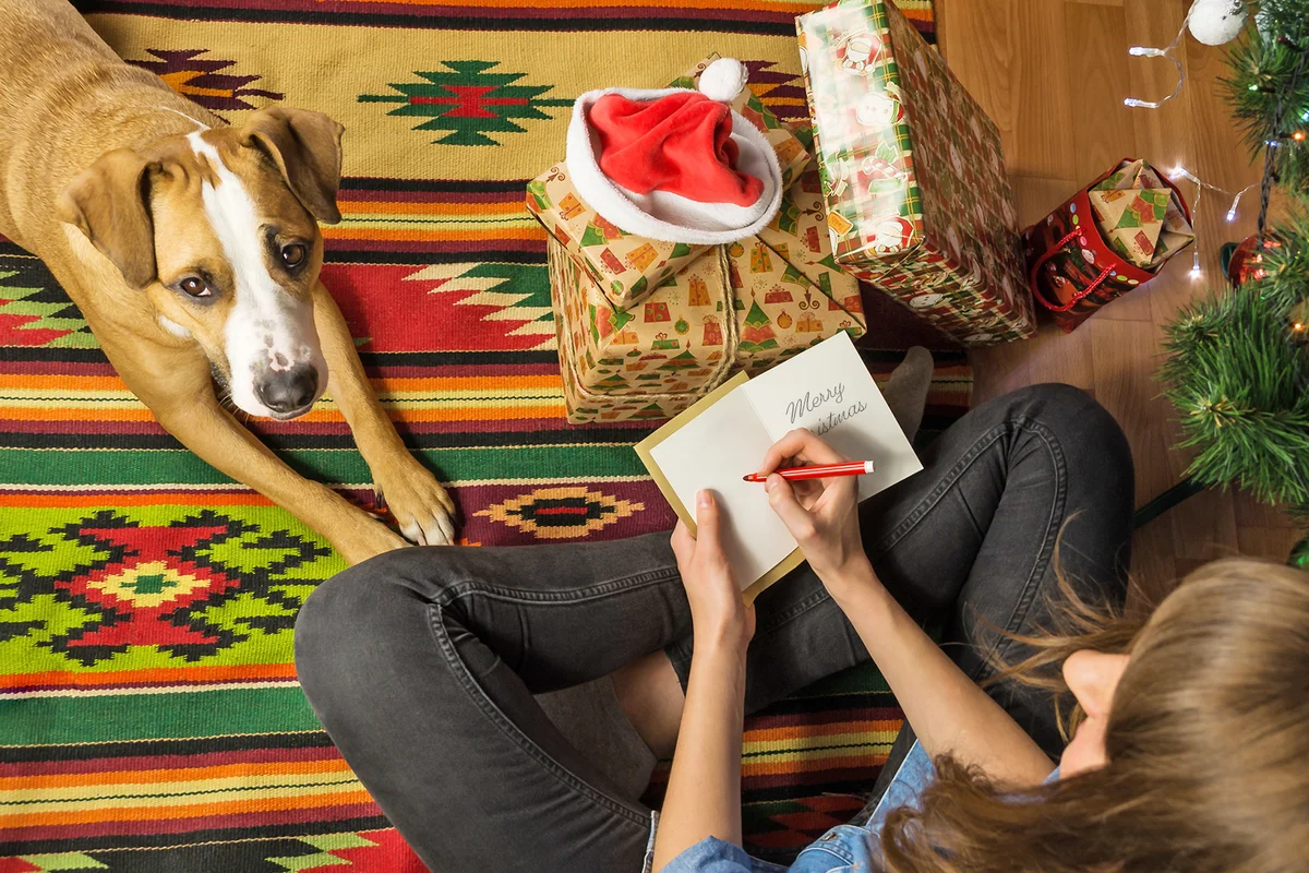 Dog and Young Person writing christmas cards