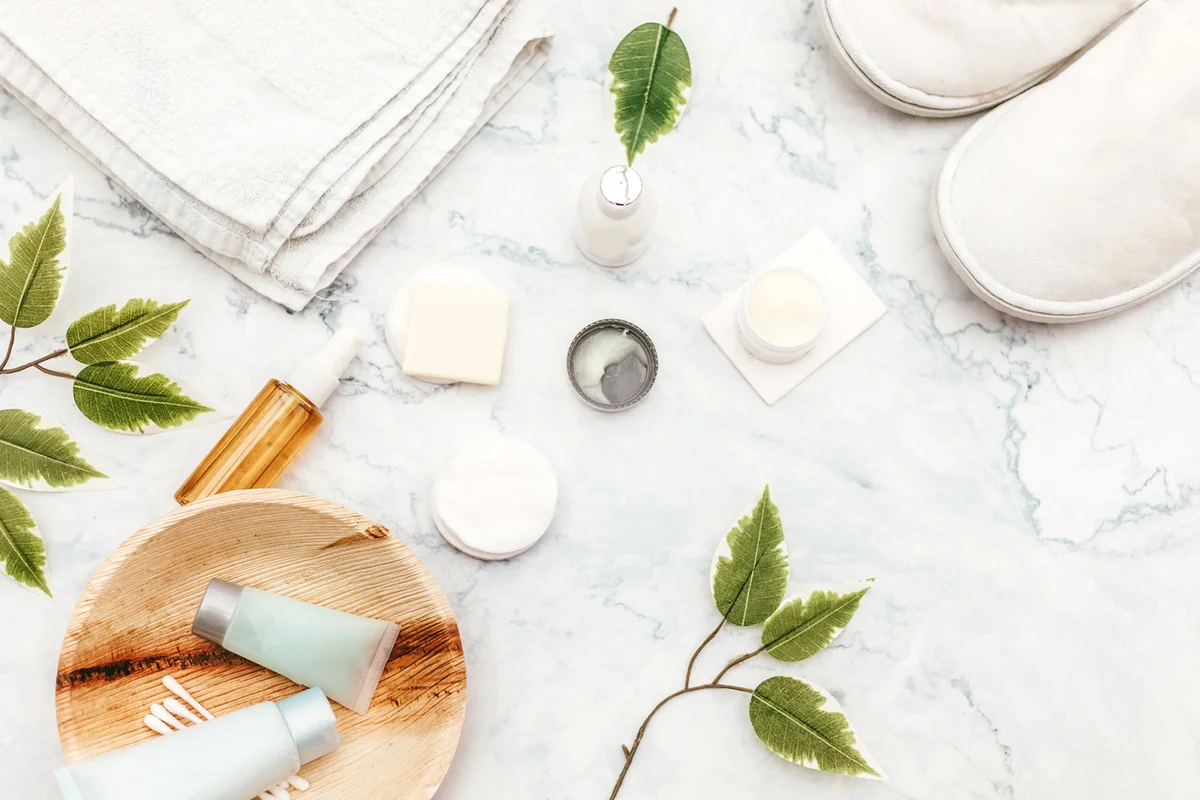 Organic spa cosmetic on marble background