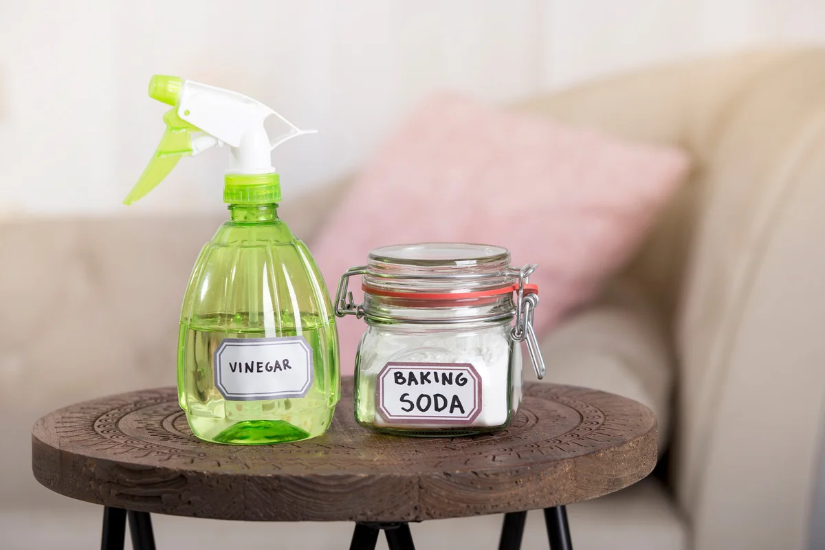 White vinegar in spray bottle and baking soda in glass jar