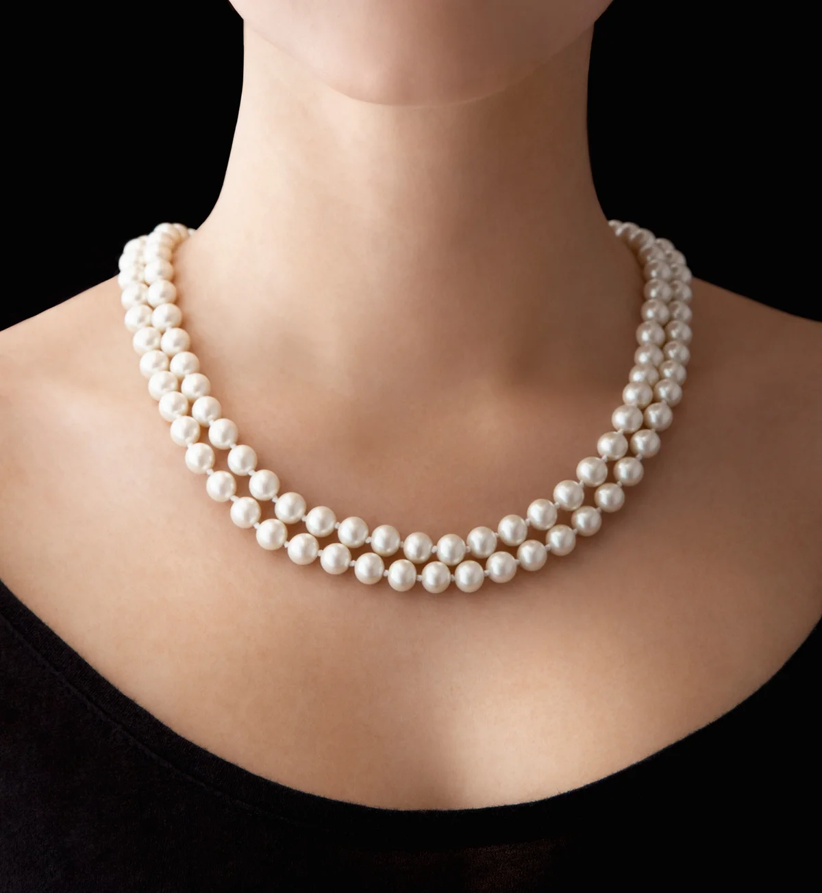 Woman wearing pearl necklace