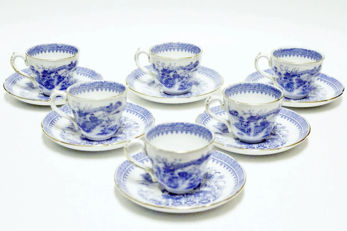 6 Antique Coalport Cups and Saucers Fisherman pattern Blue Transfareware Gilt Trim Ca 1891